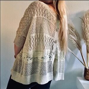 NEW ANTHROPOLOGIE Cream Tan Moth Crochet Button Lace Striped Sweater Top Small